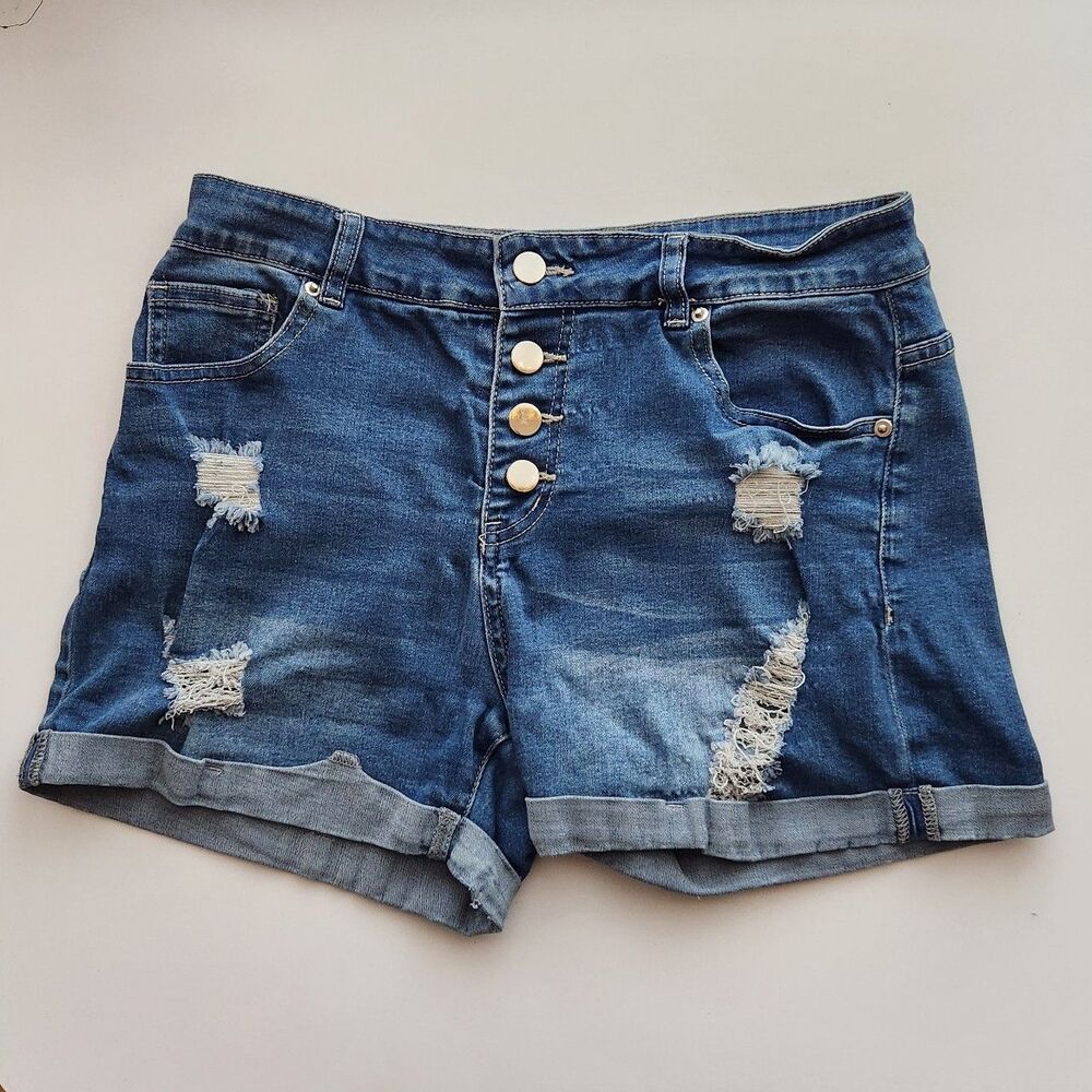 Denim Jean Shorts, High Waisted, Stretchy, Distressed, Button Fly, Medium